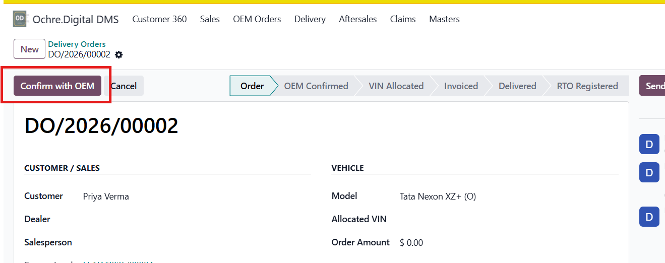 Ochre DMS delivery with VIN allocation