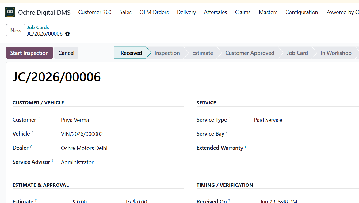 Ochre DMS after-sales job card