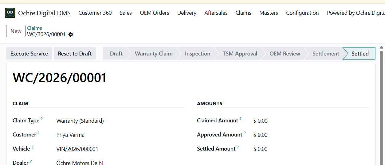 Ochre DMS warranty claim