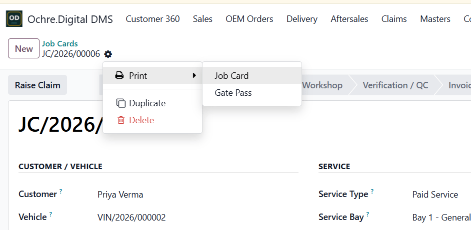 Ochre DMS printed job card and gate pass