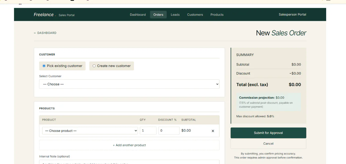 Portal new-order screen