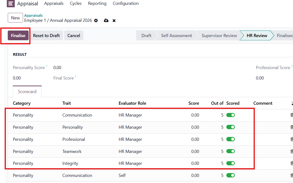 Odoo appraisal form