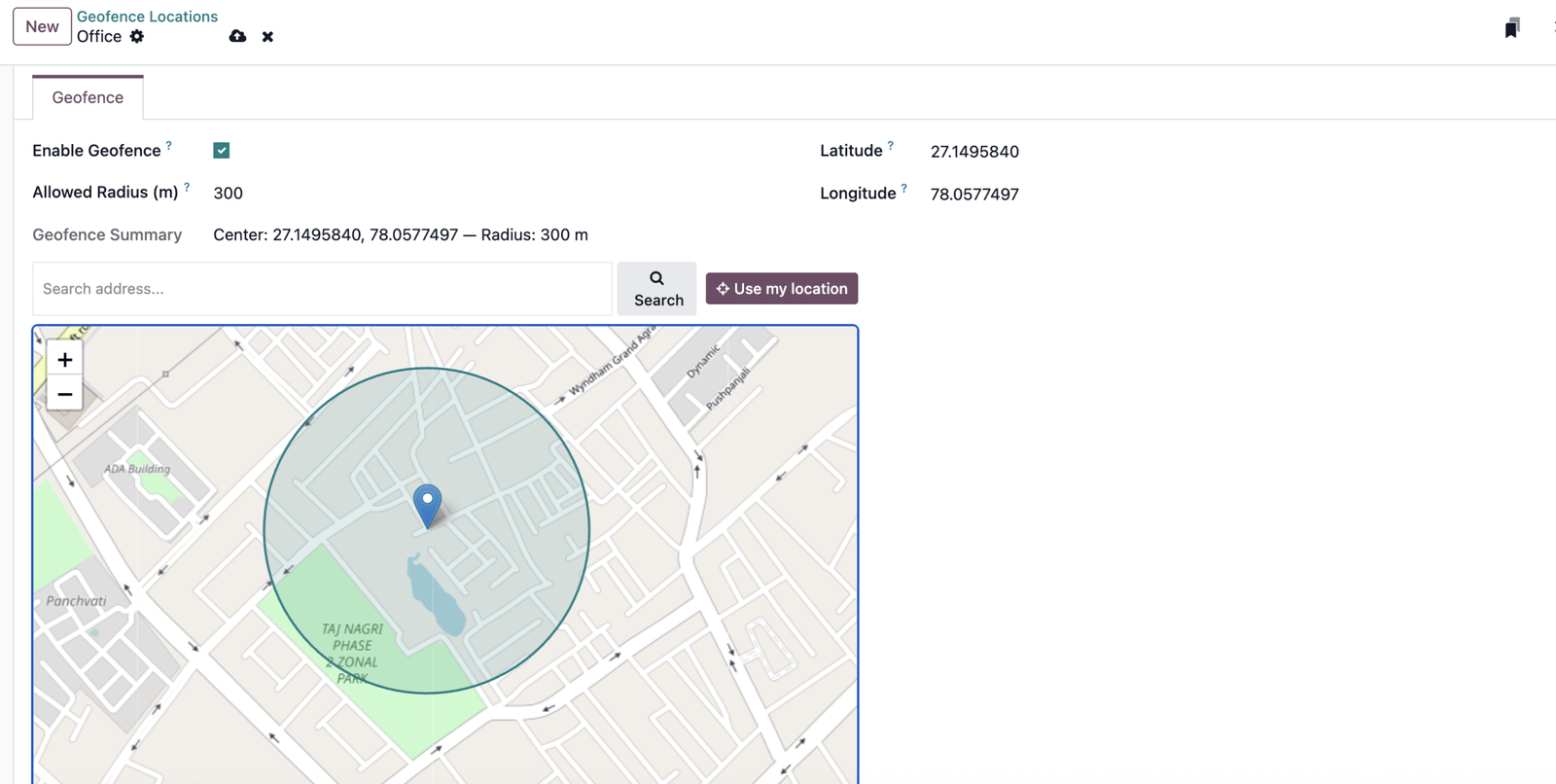 Geofence Locations form with map