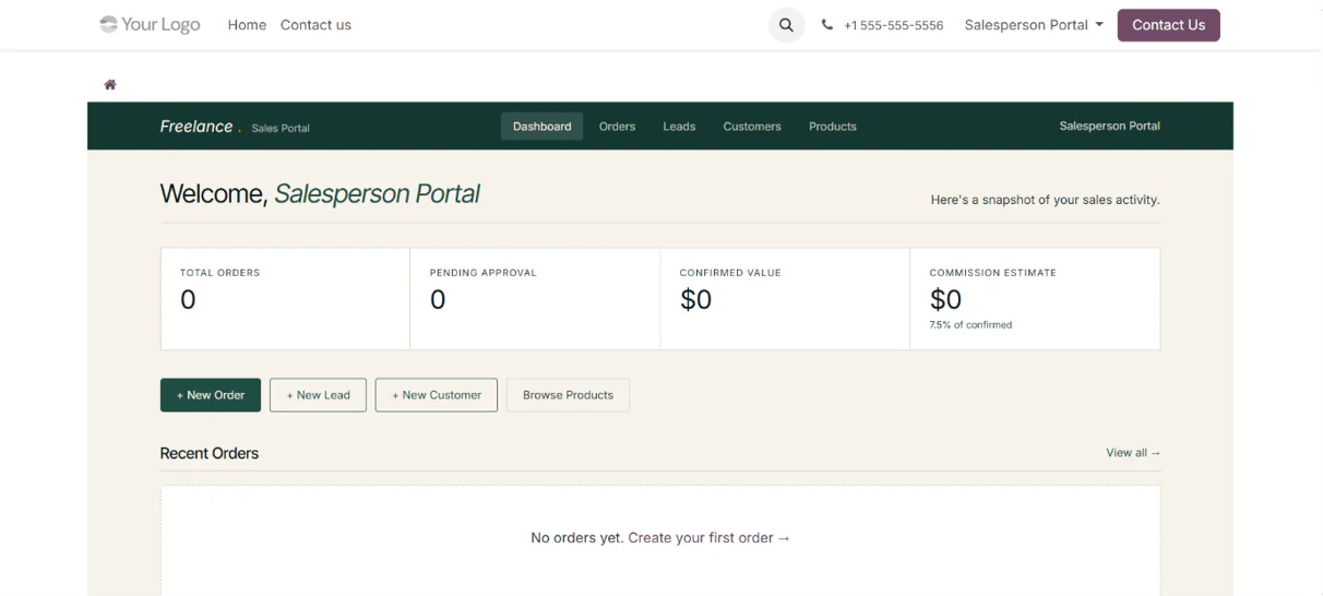 Ochre Sales Portal dashboard in Odoo 19