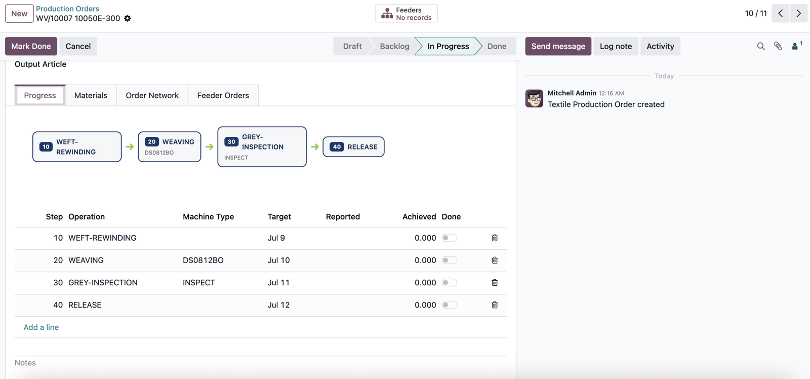 Ochre Textile production order in Odoo 19